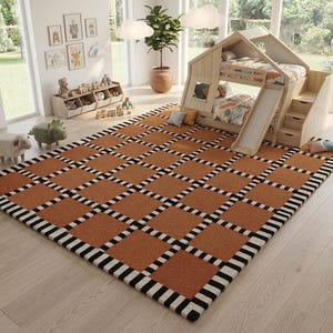 Bruin geruit handgetuft tapijt, wollen vloerkleed geometrisch raster, modern slaapkamertapijt, Scandinavisch woonkamerstatementtapijt afbeelding 4