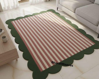 Geschulpt handgetuft tapijt, gestreept tapijt, rozegroen coquilletapijt, modern handgemaakt wollen tapijt, kinderkamertapijt, woonkamertapijt, geschulpt tapijt