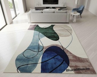 Alfombra moderna abstracta de lana y seda, alfombra contemporánea de lujo hecha a mano en azul, verde y beige, decoración para sala de estar, acento de alta gama para el hogar