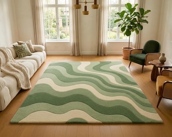 Abstract Hand Tufted Rug, Green Wave Wool Carpet, Modern Minimalist Area Rug, Scandinavian Living Room Decor, Neutral Contemporary Rug
