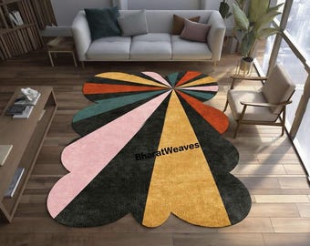 Tappeto in lana trapuntato a mano, moderno tappeto astratto floreale smerlato con pannelli geometrici multicolore, decorazione per soggiorno fatta a mano 5x8