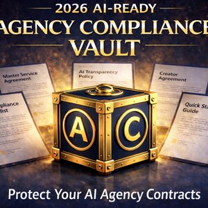 Puede incluir: Un gráfico digital que promociona el "2026 AI-READY AGENCY COMPLIANCE VAULT". La imagen presenta una caja negra con adornos dorados con las letras "A", "C" y una "C" estilizada en los lados, rodeada de documentos con términos legales.