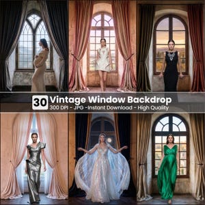 May include: A composite image featuring six different women in elegant dresses posing in front of large, arched windows with colorful curtains. The text "30 Vintage Window Backdrop" is displayed at the bottom, along with other details.