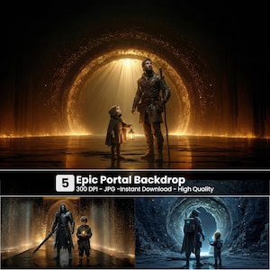 May include: An epic fantasy scene featuring a man and child standing before a glowing portal. The man holds a staff, and the child carries a lantern. The image is a digital illustration with the text "Epic Portal Backdrop".