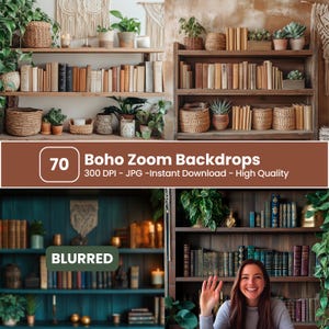 May include: A collection of bookshelves with books, plants, and decorative baskets. The image includes the text "70 Boho Zoom Backdrops" and details about the image quality. The style is bohemian and rustic.