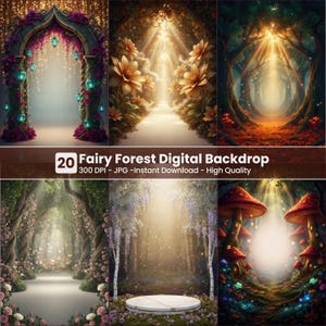May include: A collection of digital backdrops featuring fantasy forest scenes. The images showcase archways, paths, and glowing light effects. The text on the image reads "20 Fairy Forest Digital Backdrop".
