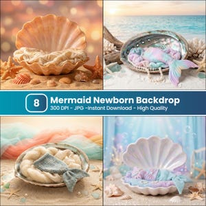Op de afbeelding: Een verzameling van vier achtergronden voor pasgeborenen met zeemeermintthema. Elke achtergrond bevat een zeeschelp, zeesterren en zand. Eén achtergrond bevat een zeemeerminstaart en parels. De tekst "Mermaid Newborn Backdrop" is zichtbaar.