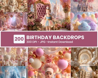 Baby Girl Birthday Digital Backdrops, Princess Castle & Toy, Balloons Backgrounds in Soft Pink Pastel Tones