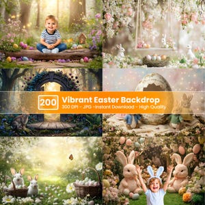 鮮やかなイースターデジタル背景200選：ウサギと卵のデザイン - 春の子供向け写真撮影用背景