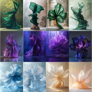 May include: A collection of ten abstract floral sculptures made of fabric. The sculptures are in various colors, including blue, purple, green, and white. They are arranged in a grid pattern, with each sculpture taking up one square.