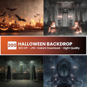 May include: A composite image featuring Halloween-themed backdrops. The top left shows lit jack-o'-lanterns and bats. The top right depicts a spooky porch with rocking chairs. The bottom images show a dressmaker's shop and a mirror with candles. Text: "200 HALLOWEEN BACKDROP".