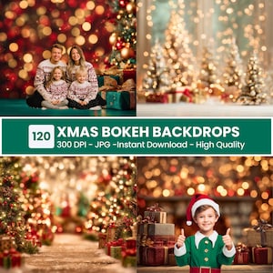 Puede incluir: Una colección de imágenes con temática navideña. Una imagen muestra a una familia con suéteres a juego frente a un árbol de Navidad y regalos. Otras imágenes presentan fondos bokeh, árboles de Navidad y un niño con gorro de Papá Noel.