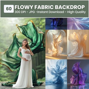 May include: A set of 60 digital backdrop images featuring flowing fabric in various colors and styles. The images are high-resolution and perfect for photographers and graphic designers.