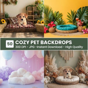 May include: A collection of four cozy pet backdrops. The images include a puppy on a bed, a pet bed with tropical plants, a fluffy cloud, and a puppy in a woven bed. The text reads "50 COZY PET BACKDROPS".