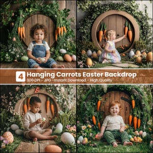 May include: Four-panel image with children in Easter scenes. Each scene has a wooden door, carrots, eggs, and foliage. The text reads "4 Hanging Carrots Easter Backdrop" and details about the image quality.