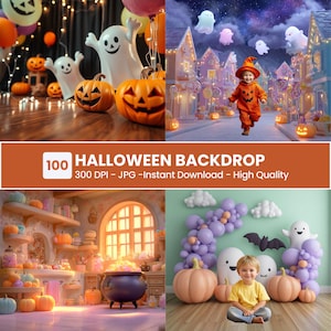 Halloween Digital Backdrops Kids Spooky Party Decor Scary Night Pumpkins Ghosts Background for Photography and Invitations JPG