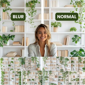 May include: A white bookshelf with multiple shelves filled with books and potted plants. The bookshelf is against a white wall. A woman with long blonde hair is standing in front of the bookshelf. The words "BLUR" and "NORMAL" are written on the image.