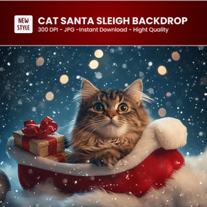 Kerst digitale achtergrondfotografie, voor kinderen, huisdieren, honden, katten, leuk kerstportret, kerstman slee, vliegende slee. Direct downloaden
