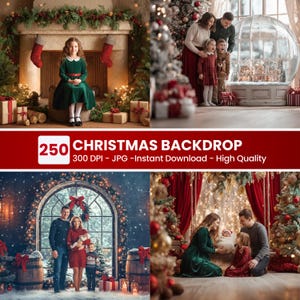 Puede incluir: Imagen compuesta que presenta cuatro escenas navideñas. Las escenas incluyen familias, niños y decoraciones festivas como árboles de Navidad, calcetines y regalos. El texto "250 CHRISTMAS BACKDROP" se muestra en una pancarta roja.
