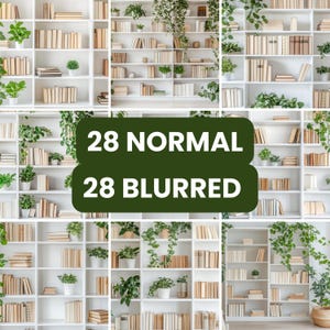 Può includere: Una libreria bianca piena di libri e decorata con piante in vaso. La libreria ha sei ripiani ed è contro un muro bianco. Il testo "28 NORMAL" e "28 BLURRED" è visualizzato sull'immagine.