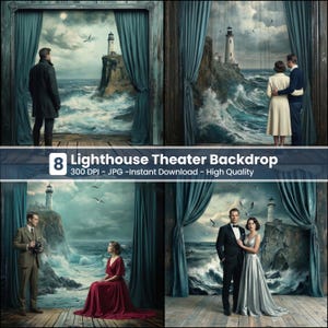 May include: A digital art piece featuring four scenes of a lighthouse backdrop. Each scene depicts a lighthouse on a rocky cliff with crashing waves, framed by teal curtains. The text "8 Lighthouse Theater Backdrop" is visible.