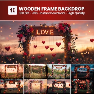 Valentine’s Wooden Frame Digital Backdrop, Rustic Wedding Photo Background, Romantic Red Roses Heart Wall Scene for Couples and Love Photos