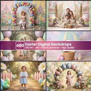 May include: A collage of Easter-themed digital backdrops. The images feature children, families, and decorative elements like Easter eggs, bunnies, and floral arches. The backdrops have pastel colors and whimsical designs, suitable for photography.