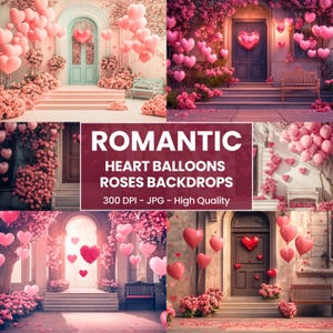 Romantic Valentine&#39;s Day Backdrop | Pink Heart Balloons, Red Rose Floral Door Digital Background, Wedding Photo Props, Romantic Party Decor
