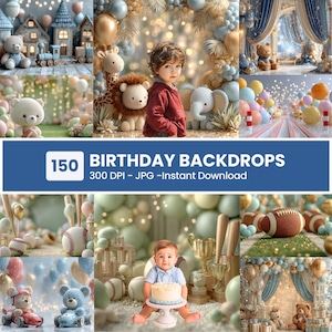 Könnte beinhalten: Eine Sammlung von Geburtstags-Hintergründen mit Teddybären, Luftballons und Sportgeräten. Das Bild zeigt ein junges Kind und den Text "150 BIRTHDAY BACKDROPS 300 DPI - JPG - Instant Download."