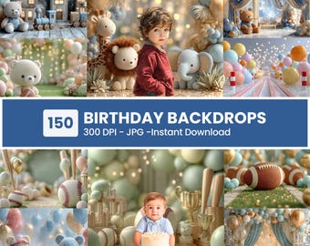 Baby Boy Birthday Backdrops, Pastel Balloon & Sports Photography Backgrounds, Children Birthday and Party Scenes
