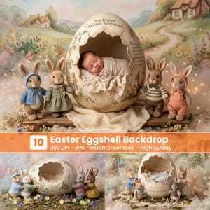 May include: An Easter backdrop with a baby inside a large eggshell, surrounded by plush bunny figures. The scene includes a path, a house, and the text "THE TALE OF THE FIRST ADVENTURE". The backdrop is designed for photography.