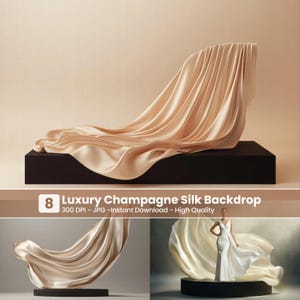 May include: A champagne-colored silk backdrop draped over a black rectangular platform. The silk cascades in elegant folds, creating a luxurious and flowing effect. The backdrop is set against a neutral background.