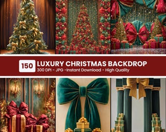 150 Luxury Velvet Christmas Digital Backdrop: Red Green Bow – Maternity Holiday Studio Scene