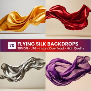 Peut inclure: Ensemble de quatre arrière-plans numériques mettant en scène un tissu de soie fluide en or, rouge, argent et violet. Les arrière-plans sont en haute résolution et parfaits pour ajouter une touche d'élégance à vos créations.