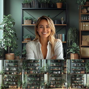 Puede incluir: Una mujer con el pelo largo y rubio está de pie frente a una pared con dos estantes de metal negro llenos de plantas y libros. Los estantes están a ambos lados de la mujer.
