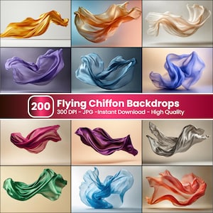 Può includere: Nove immagini di sfondi in chiffon fluttuanti in vari colori, tra cui oro, arancione, bianco, viola, blu, rosa e verde. Il testo "200 Flying Chiffon Backdrops" è visualizzato in un banner rosso.