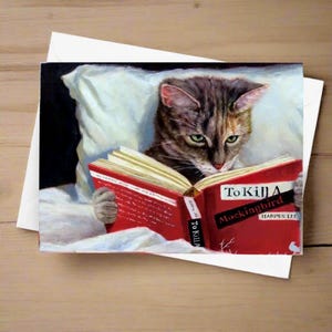 Carte d'artiste pour tuer un chat moqueur, carte beaux-arts chat, carte chat lunatique, carte illustrée, carte chat original - par Lucia Heffernan