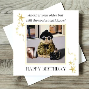 Carte d'anniversaire drôle pour un ami, une autre carte Crazy Cat Lady d'un an pour elle, jolie carte de chat pour femme - Cool Cat par Lucia Heffernan Art