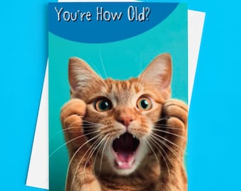 Funny Cat Birthday Card, Funny Cat Card, Humorous Cat Card, Quirky Cat Card, Unusual Cat Card, Cat Lover Card - You&#39;re How Old?