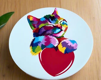 Rainbow Kitten Heart Ceramic Coaster, Cat Lover Gift
