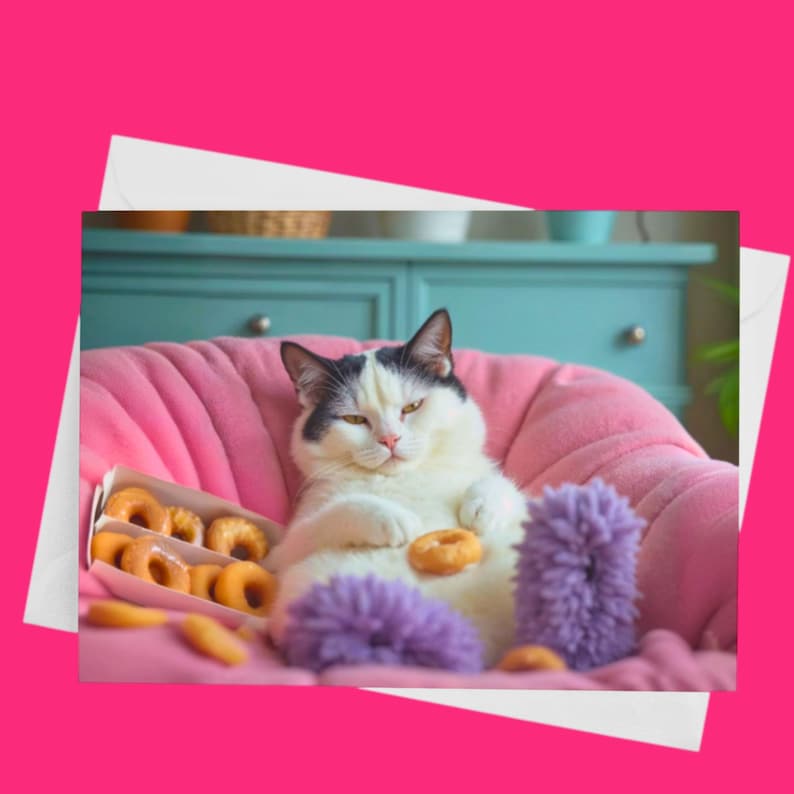 May include: A black and white cat sitting in a pink armchair with a donut in its paw. The cat is surrounded by donuts in a box and on the chair.