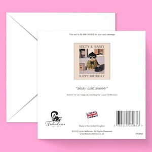 May include: A greeting card with a colorful illustration of a cat wearing sunglasses and a hat, holding shopping bags. The text on the card reads "Sixty & Sassy" and "Happy Birthday". The card is blank inside for a personal message.