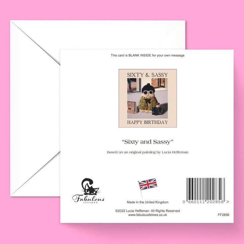 May include: A greeting card with a colorful illustration of a cat wearing sunglasses and a hat, holding shopping bags. The text on the card reads "Sixty & Sassy" and "Happy Birthday". The card is blank inside for a personal message.