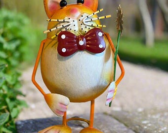 Metalen kattenbeeldje, tuinkatfiguurtje, Bobbin kattenbeeldje voor huis en tuin, rosse kat met bloem, schattig cadeau voor kattenliefhebbers