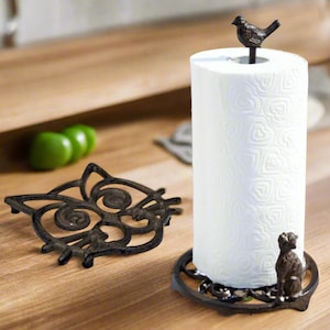 Porta-rolos de cozinha de ferro fundido, com base para panelas combinando, conjunto de presente para amantes de gatos, gato e pássaro, acessório de cozinha, presente de gato para ela ou para ele