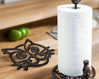 Cast Iron Kitchen Roll Holder, With Matching Trivet,  Cat Lover Gift Set, Cat and Bird, Kitchen Accessory, Cat Gift for Her or Him