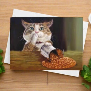 Carte d'artiste chat, carte d'art chat, carte chat fantaisiste, carte illustrée, carte chat original, renversé les haricots par Lucia Heffernan