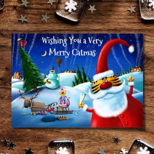 Carte de voeux drôle de chat de Noël, griffes du père Noël, chaos félin festif, humour de vacances purrfect - carte de joyeux Noël par Andrei Sikorskii