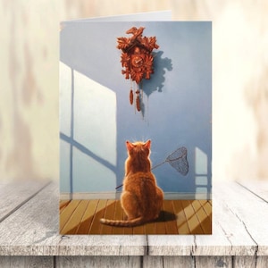 Carte chat humoristique, carte d'anniversaire chat illustrée, carte d'artiste chat drôle, carte d'art chat lunatique - midi par Lucia Heffernan Art