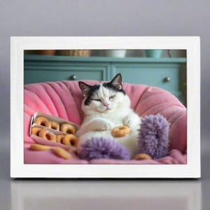 Lustiges Schwarz-Weiß-Katzendesign, Schoßtablett, gepolsterter Sitzsack, gepolstertes Esstischtablett, Geschenk - Donuts von Faburious Felines®